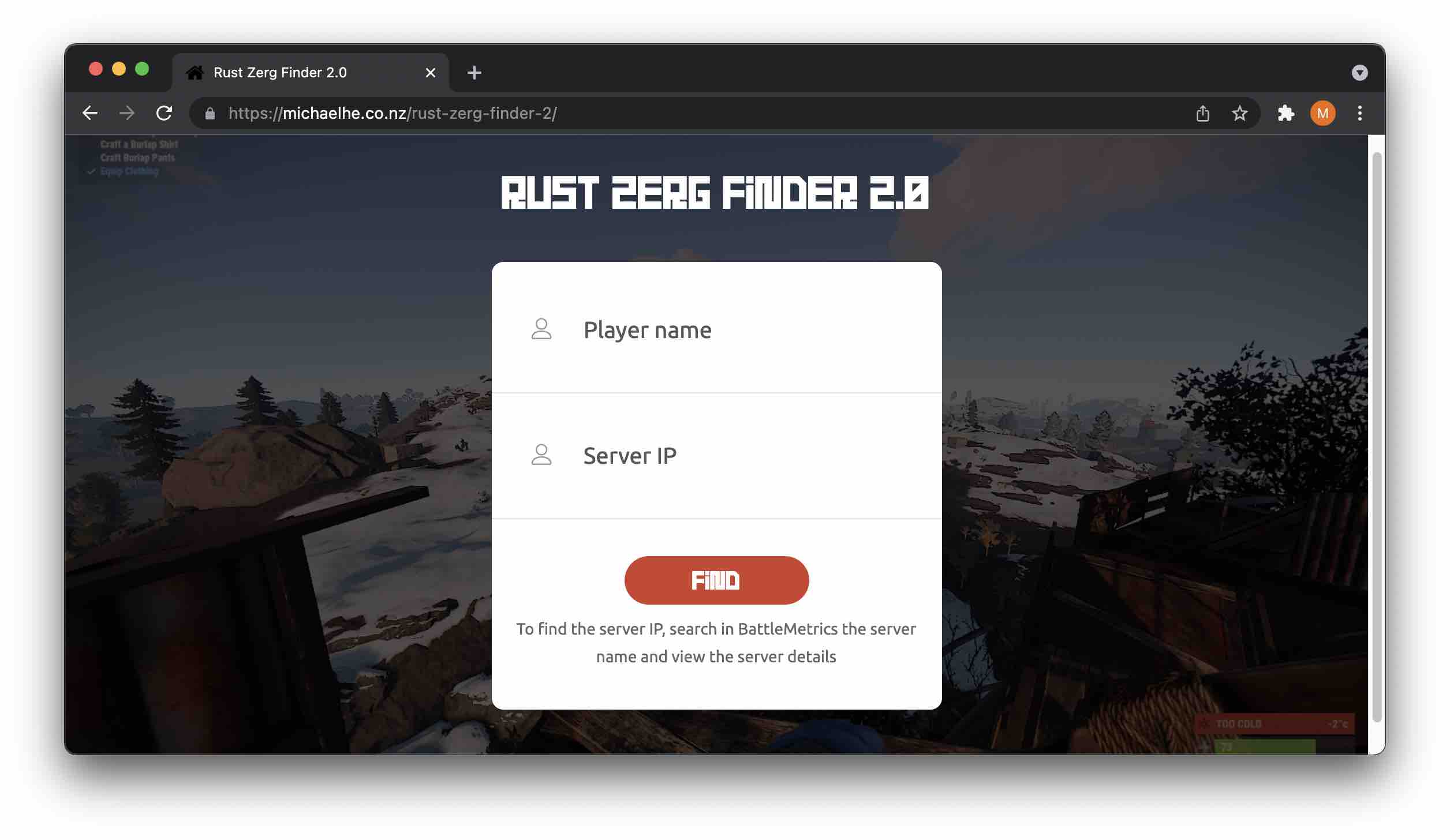 Screenshot of the Rust Zerg Finder v2.0 website